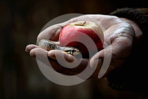 Snake and Apple. The Original Sin. The Forbidden Fruit. AI Generated