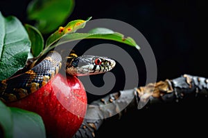 Snake and Apple. Symbol of Forbitten Fruit. AI Generated