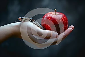 Snake and Apple. The Symbolism of the Forbidden Fruit. AI Generated