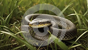 snake as it slithers through the underbrush on green grass.