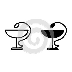 Snake and bowl line and glyph icon. Pharmacy symbol vector illustration isolated on white. Caduceus sign outline style