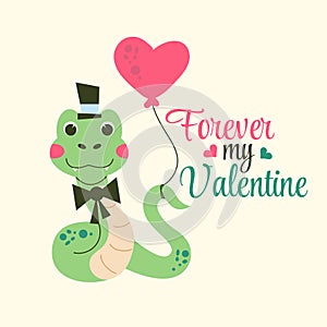 Snake character Valentine\'s Day poster is lettering forever my valentine