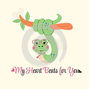 Snake character Valentine\'s Day poster is lettering my heart beats for you