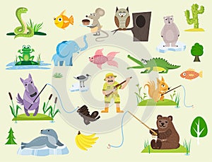 Snake character wildlife nature viper mouse owl frog flat python man character venom predator animal vector illustration