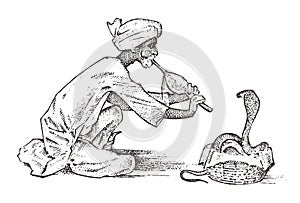 Snake charmer. man playing the flute for hypnotize. cobra in India. sleight of hand. pungi for vipers. hand drawn and photo