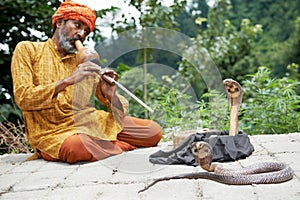 Snake charmer man in turban playing music before snake in India