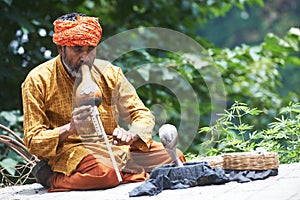 Snake charmer man in turban playing music before snake in India