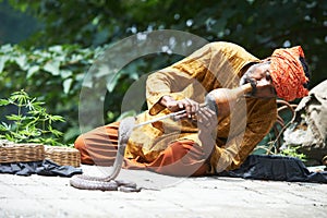 Snake charmer man in turban playing music before snake in India