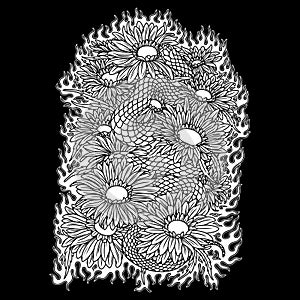 Snake and chrysanthemum flower Black and White illustration