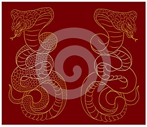 Snake cobra tattoo.Dragon on red background for Chinese New Year.Gold Chinese Dragon vector. Gold line art King Dragon tat