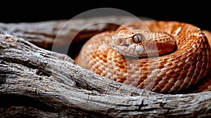 Coiled snake in defensive posture resting on driftwood