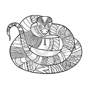 snake consisting of patterns and lines, coloring book for adults and children, black and white vector