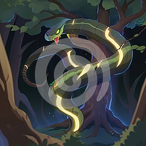 a snake is crawling around a tree in the woods at night time