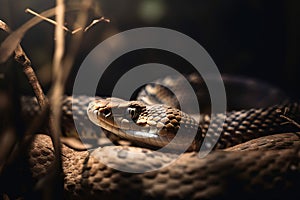 a snake is curled up on a branch in a dark room with light coming through the branches and the snake is looking at the camera photo