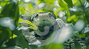 A snake is curled up in the grass