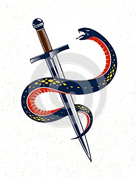 Snake and Dagger, Serpent wraps around a sword vector vintage tattoo, Life is a Fight concept, allegorical logo or emblem of