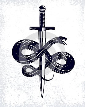 Snake and Dagger, Serpent wraps around a sword vector vintage tattoo, Roman god Mercury, luck and trickery, allegorical logo or