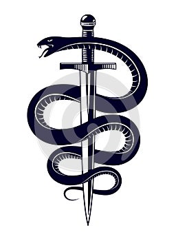 Snake and Dagger, Serpent wraps around a sword vector vintage tattoo, Roman god Mercury, luck and trickery, allegorical logo or