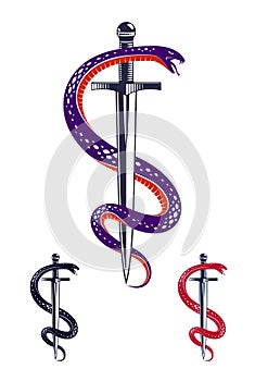 Snake and Dagger, Serpent wraps around a sword vector vintage tattoo, Roman god Mercury, luck and trickery, allegorical logo or