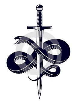 Snake and Dagger, Serpent wraps around a sword vector vintage tattoo, Roman god Mercury, luck and trickery, allegorical logo or