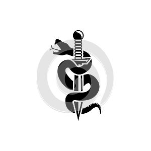 Snake and Dagger, Serpent wraps around a sword vector vintage tattoo, Roman god Mercury, luck and trickery, allegorical logo or em