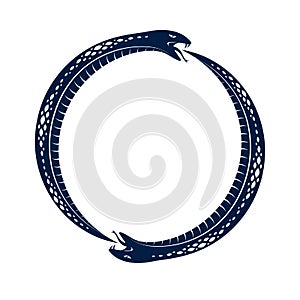 Snake eating its own tale, Uroboros Snake in a shape of circle, endless cycle of life and death, Ouroboros ancient symbol vector