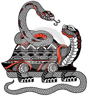 Snake Encircling Turtle. Vector illustration