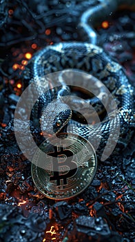 Snake encrypting bitcoin wallet, dusk, eyelevel, noir cyber heist , photographic style photo