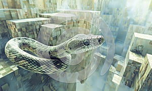 Snake among floating cubes, abstract background with snake and geometry objects