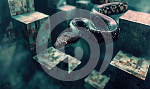 Snake among floating cubes, abstract background with snake and geometry objects