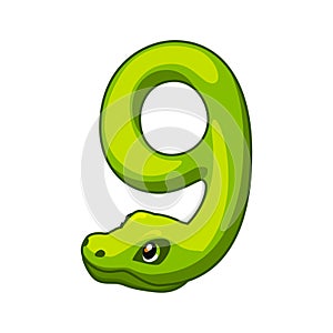 Snake font. Digit 9. Cartoon Nine number