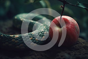 Snake and the forbidden fruit. Generative AI image.