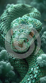 snake in green with clouds surrounding it