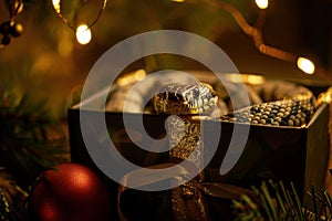 Snake inside open gift, surprise element, soft backlight, eyelevel, suspenseful , Prime Lenses