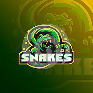 Snake mascot logo design vector with a modern color concept and badge emblem style for sports team. Snake illustration tshirt prin photo