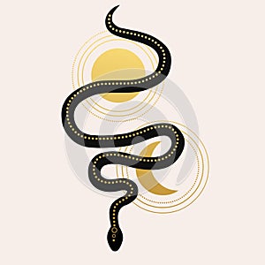 Snake with Moon and Sun. Vector illustration