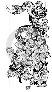 Snake and peony flower. Black and white Illustration