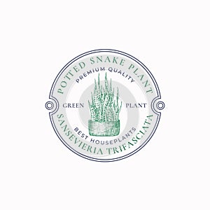 Snake Plant Badge or Logo Template. Hand Drawn Potted Sansevieria with Leaves Sketch with Retro Typography and Borders