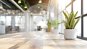 Snake plant in white pot on wooden floor in empty sunny office space. Natural touch in modern workplace