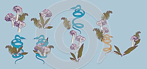 A snake preparing to attack among poisonous mushrooms, lilies of the valley and ferns. 4 pre-made color compositions