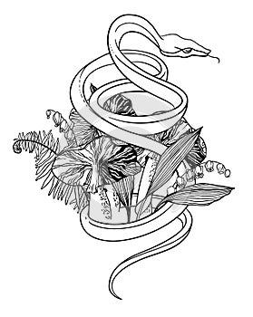 A snake preparing to attack among poisonous mushrooms, lilies of the valley and ferns. Black and white sketch for tattoo