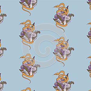 A snake preparing to attack among poisonous mushrooms, lilies of the valley and ferns. Seamless pattern