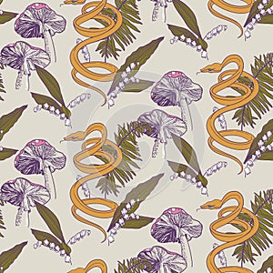 A snake preparing to attack among poisonous mushrooms, lilies of the valley and ferns. Seamless pattern