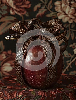 Snake with red apple, Bible story. Generative AI.