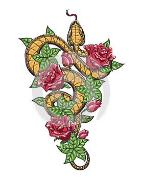 Snake in Roses Flowers Colored Tattoo