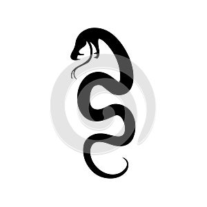 Snake, serpent, adder curled up with gaping jaws, reptile and predator, wild animal, wildlife, vector, illustration in black