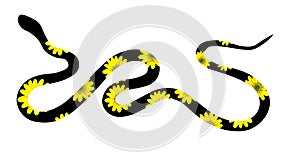 Snake silhouette illustration. Black snake With yellow spots isolated on white background. Vector tattoo design