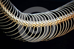 Snake Skeleton of python. bone ribs on black background. focus at the eyes with copy space