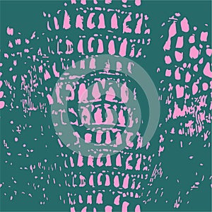 Snake skin seamless pattern. Pink spots on a turquoise background. Rich fashionable texture. Animal trendy pattern.