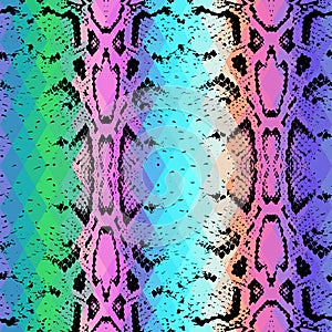 Snake skin texture with colored rhombus. Geometric background. Seamless pattern black rainbow green purple blue yellow background